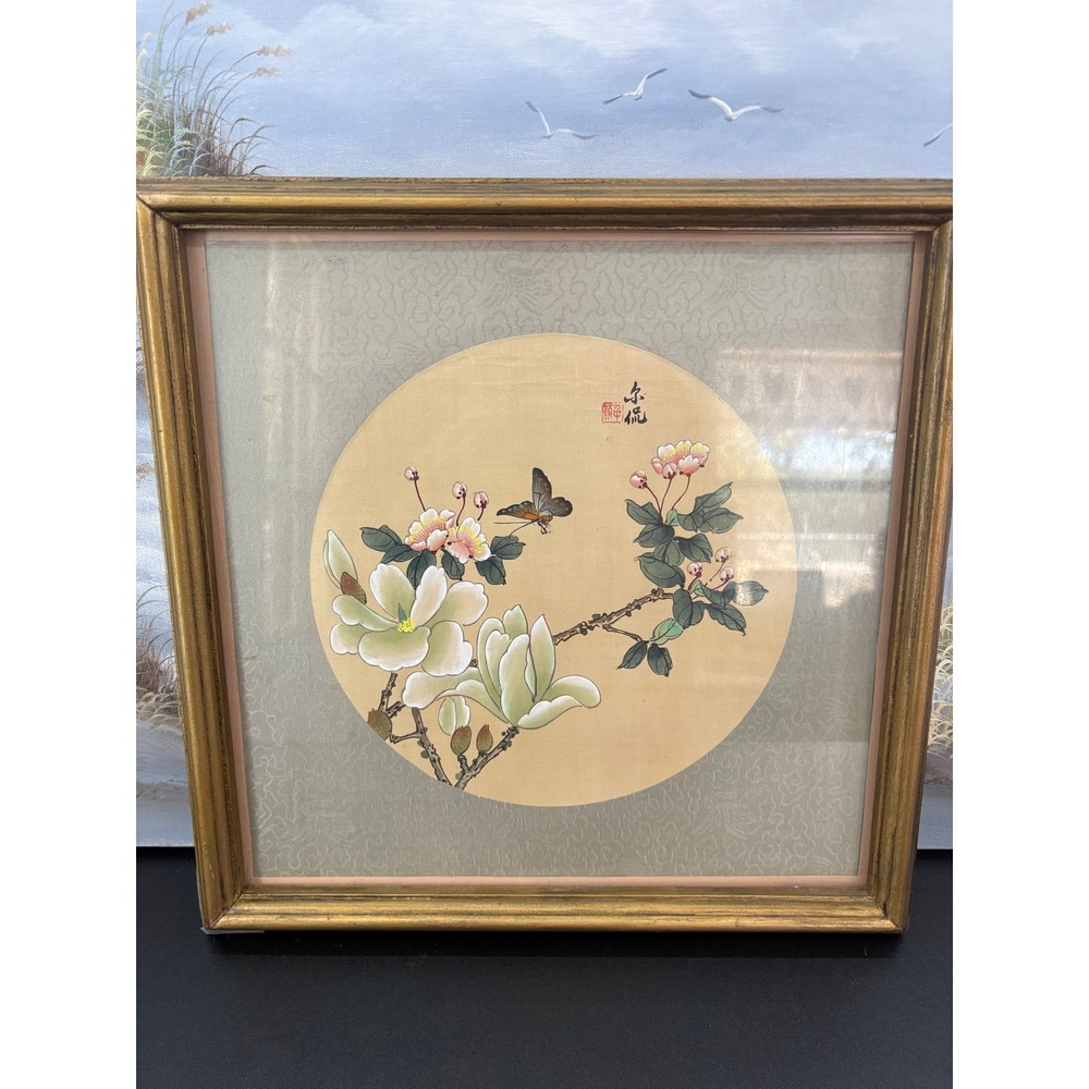 Vintage Chinese Silk Painting Butterfly Magnolia Flowers Gold Frame 13.5x13.5